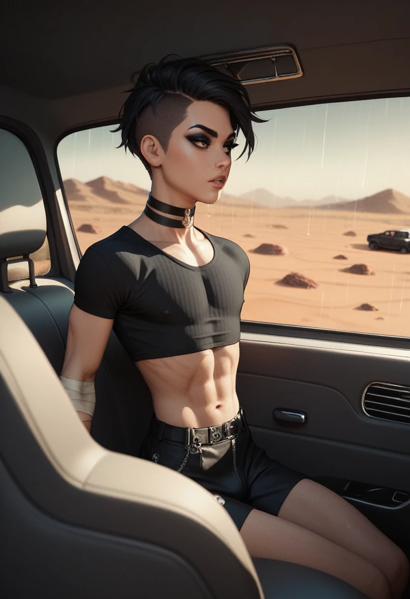 Male arab modern terrorist, terrorist, black balaclava, black bandage, black clothes, thin waist, skinny body, femboy, light skin, makeup, black eyeliner, big eyelashes, black eyeshadow, metal choker, inside the car, desert, night, rain