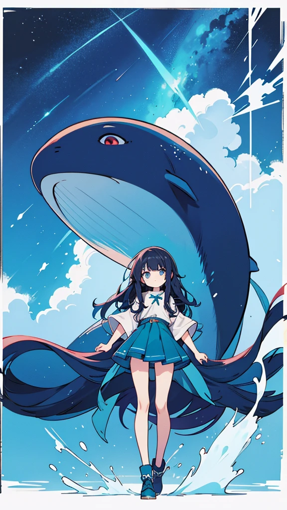 Blue-haired long hair，Design clothing，Seven-doppelganger shot，Anime style 4K，Anime girl with teal hair，High quality anime art style，Standing painting，Splash ink background，Blue Themes、Pure white background,Buildings,Face close-up,Buildings,Moon and sun、giant whale,Shining Star々,milky way,Bright Sky,Looking at me,Facing forward,Clear eyes and nose,cute,beautiful,Thin legs,Black Hair