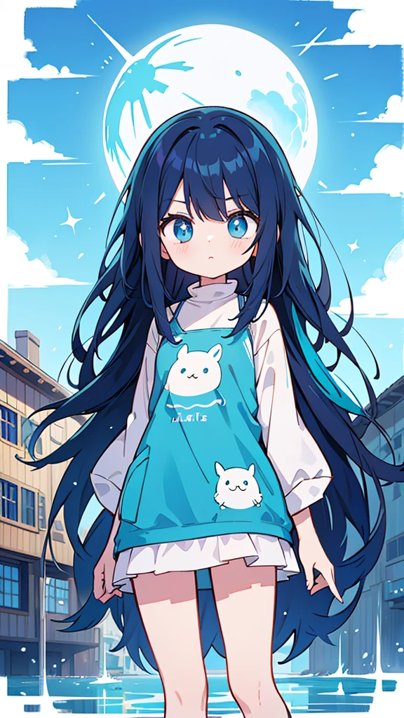 Blue-haired long hair,Design clothing,Seven-doppelganger shot,Anime style 4K,Anime girl with teal hair,High quality anime art style,Standing painting,Splash ink background,Blue Themes、Pure white background,Buildings,Face close-up,Buildings,Moon and sun、giant whale,Shining Star々,milky way,Bright Sky,Looking at me,Facing forward,Clear eyes and nose,cute,beautiful,Thin legs,Black Hair