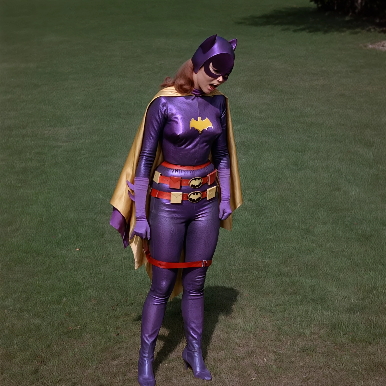 yvonne craig woman, her waist is squeezed by a red belt which contracts and squeeze her body, she cant move while her waist is squeezed by the red bely, she is standing in pain with her shoulders shrugged, screaming, she is in pain, we see her injures, 60's style, analog film, on grass, film grain