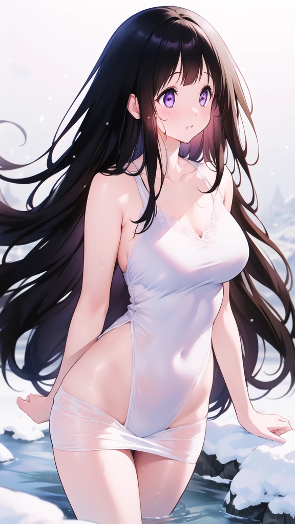 Chitanda，只有一个beautiful girl，Purple Eyes, Black Hair, Natural straight hair, Straight bangs，Extremely refined，open your lips，Face is so red，Very white skin，Skin as delicate as porcelain，Glowing skin，big eyes，Flowing long hair，beautiful girl, Like a dream，Slim，Slim waist，Soft, (Sensual), (Kawaii), Dream quality，Sweaty and sweaty，Wet skin，Side breasts，snowflake，Playing in the snow on the snow mountain，Looking up，Looking up，Falling to the ground，Thighs clamp hands，It's covered in water，Hands reach into your pants，White transparent dress，Profile，（Completely naked），Gluteal groove，The outline of the breasts is visible through clothing，Completely naked的背部，nacked hip，very close，Deep V neckline，Loose neckline，Beautiful big breasts，No pants，nopan，no pants，Bare shoulders，There are no shoulder straps，Exposed collarbone，Delicate clavicle，Delicate hands and feet，Bare neck，There are no clothes around the neck，Bare thighs，Exposed groin，Camel toe，extremely shy，Ultra-high resolution, (masterpiece:1.2, best quality), (Delicate and beautiful eyes: 1.2), (Beautiful and delicate face)