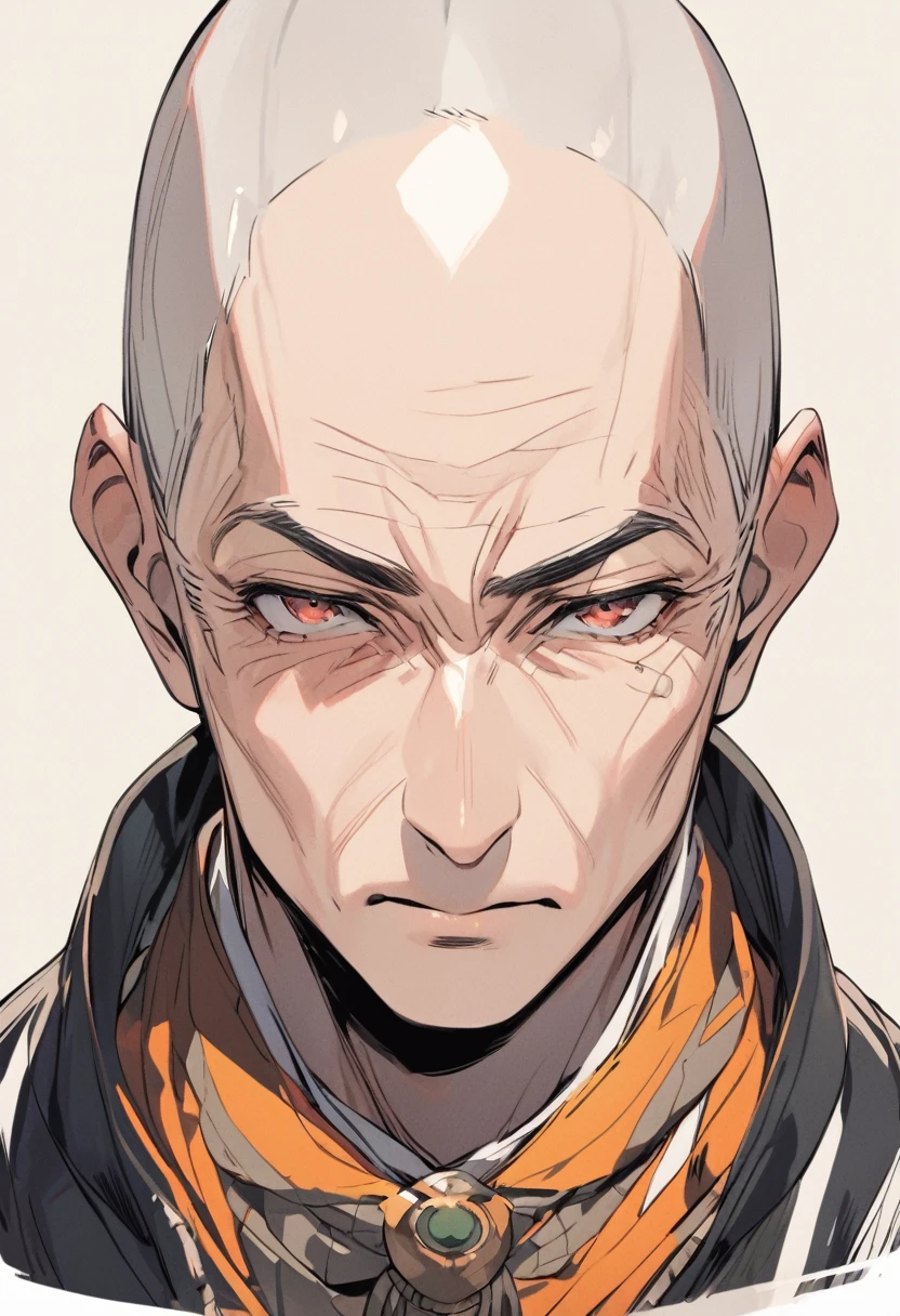 old young man's face, front view, shaved head,