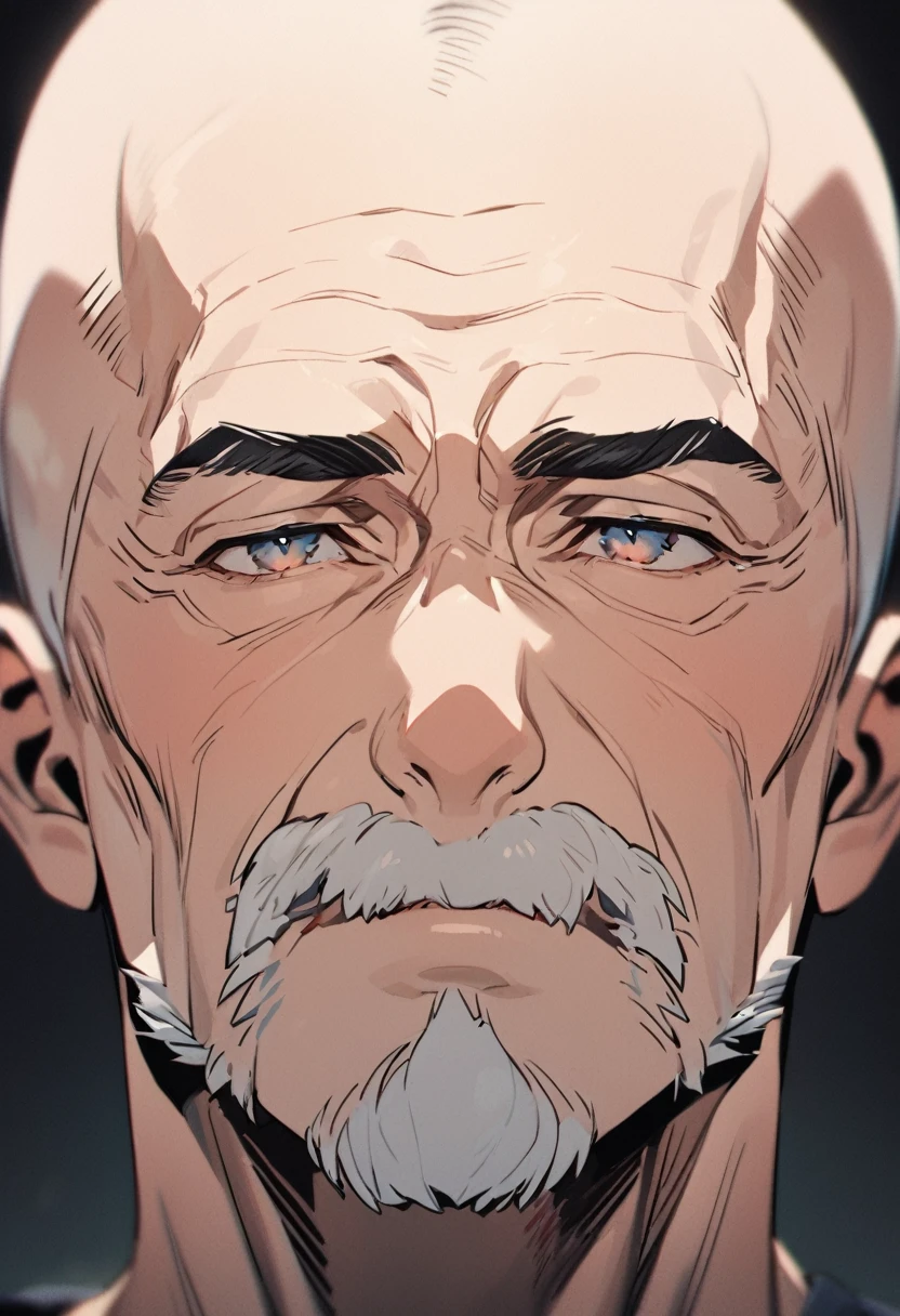 old young man's face, front view, shaved head,