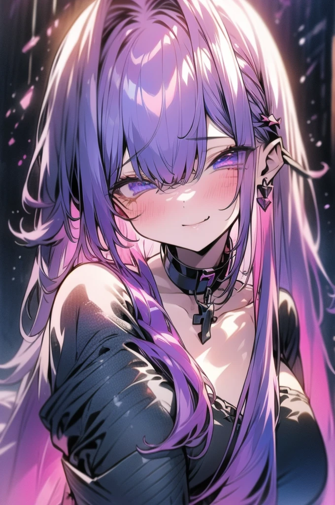 Melancholic girl、Showers、Purple Hair、Vaguely、beautiful胸、Pink and light blue eyes、Super detailed、Best image quality、precious、beautiful、Black clothes