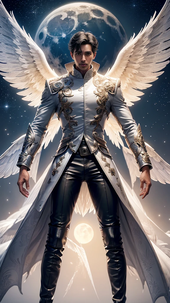 a male 35 year old angel, black hair, white leather coat, with thousands majestic wings, with a full moon in the background, divine art, massive size, stand between two mountains, ultra definition, best quality, 32k ultra, ultra HD.