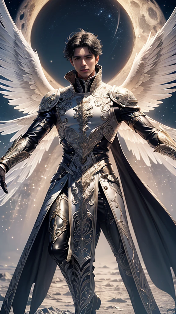 a male 35 year old angel, black hair, white leather coat, with thousands majestic wings, with a full moon in the background, divine art, massive size, stand between two mountains, ultra definition, best quality, 32k ultra, ultra HD.