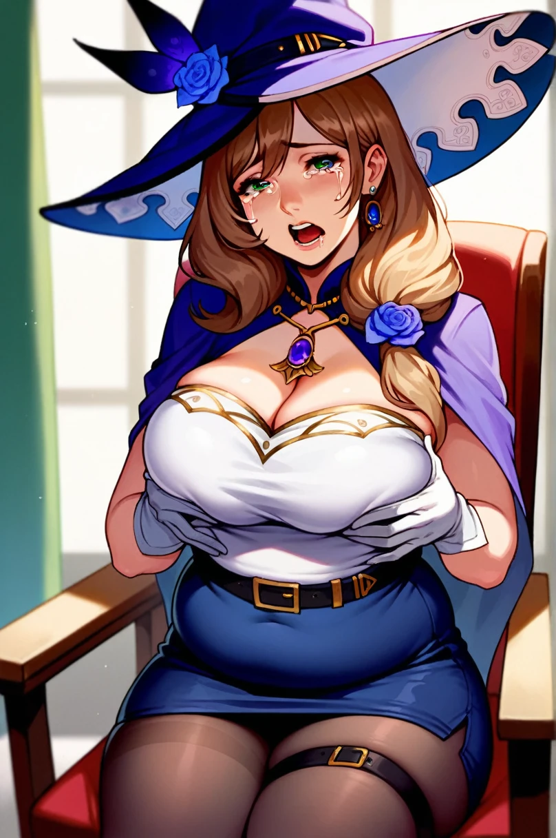 score_9, score_8_up, score_7_up, source anime, 1girl, lisa \(league of legends\), tricorne, black pantyhose, earrings, blue cape, white gloves, pencil skirt, white shirt, thigh strap, underbust, ascot, black jacket, depth of field, cowboy shot, sad, crying, looking at viewer, (chubby), chubby belly, fat rolls, belly hang, sad, crying, looking at viewer, (chubby), chubby belly, fat rolls, belly hang, holding her belly, sitting in a chair, open mouth, screaming