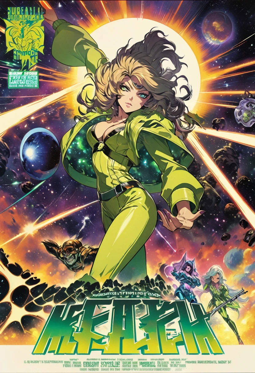 Close-up of a woman in a green and yellow outfit, Heavy Metal Comic Cover Art, Barbarella, Ash Thorpe, Official Art, Panoramic Widescreen View, Megadeth, Matte coloring, 1970s, Syndicate(2012), Psionic, nebula, By Juan Jimenez, 1970s  