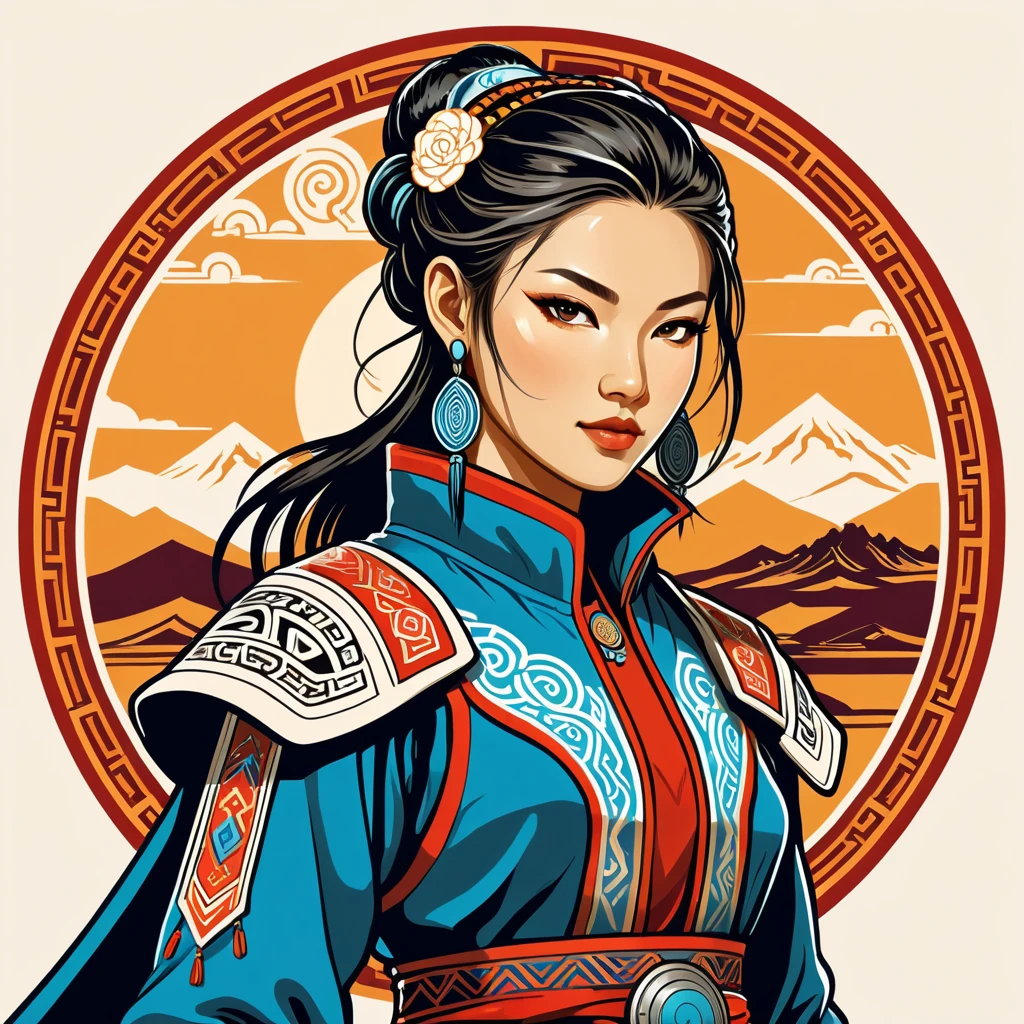 female netrunner in mongolian folk outfit, vector graphics, strong contours, logo design
