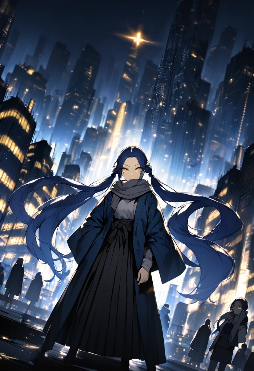 (One very tall woman,Navy Blue Hair,Her hairstyle is twin tails that expose her forehead.,yellow eyes,Medium Bust, Dynamic Angle)Black haori,Black Hakama,Wear a grey scarf around your neck,The background is a night city,Dark shadows on the face,Intimidation