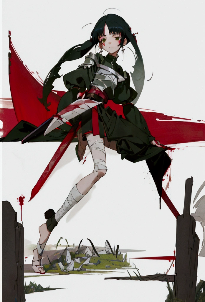 masterpiece, best quality, ultra detailed, , beautiful girl, swordsman, sword in hand, covered in wounds, blood, bandages, gothic , twin-tailed green and black hair, tattered clothes, medieval European battlefield, running, in battle, sprint, afterimage, full body, symmetrical structure of top and bottom