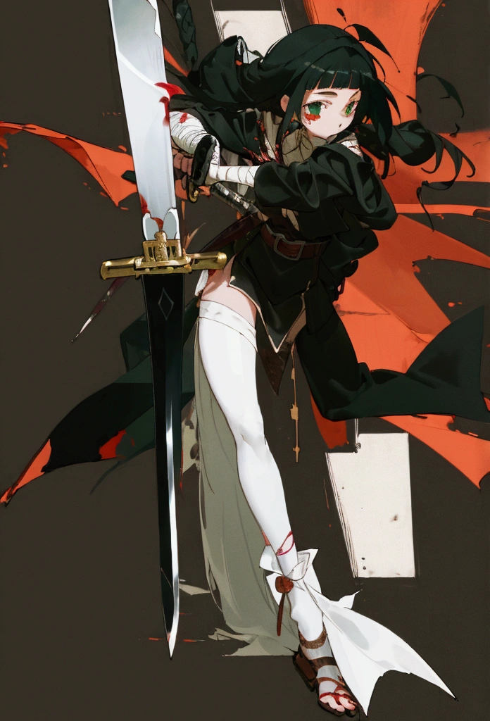 masterpiece, best quality, ultra detailed, , beautiful girl, swordsman, sword in hand, covered in wounds, blood, bandages, gothic , twin-tailed green and black hair, tattered clothes, medieval European battlefield, running, in battle, sprint, afterimage, full body, symmetrical structure of top and bottom