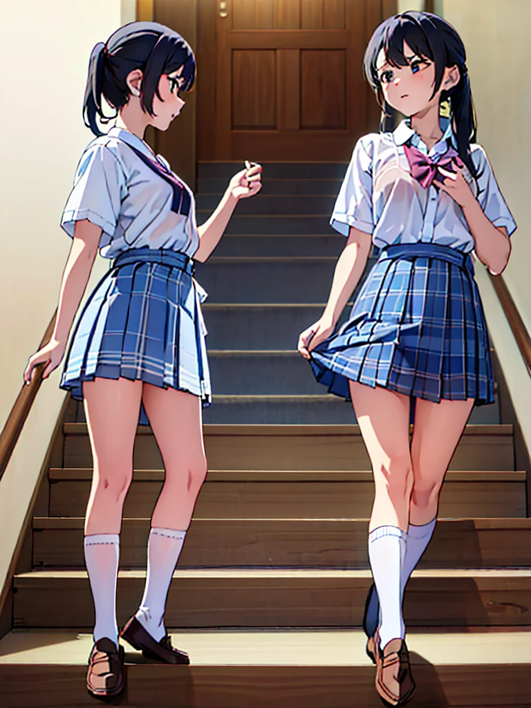 ((Highest quality, 8k, RAW Photos)), Sharp Focus 1.5,((high school girl３people々々were lined up))Twin tails,ponytail,Shortcuts,Rear View((When you go down the stairs at the station))((パンツ 3people々)),(((Low - Angle,Blue and light blue plaid mini skirt)))(((loose socks,loafers)))((From below))((The bra is visible through the summer shirt))風でスカートがめくれ上がる3people々