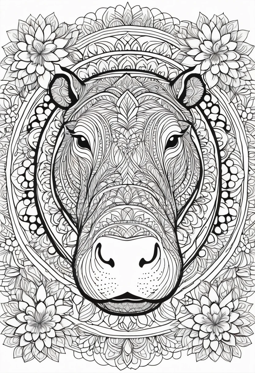 A striking black and white line art coloring page designed for adults with white background, featuring a majestic Hippopotamus in a mandala-inspired style. The wolf is adorned with intricate patterns that include floral and geometric designs, making it an engaging and detailed work of art. The illustration focuses on crisp, clean lines and bold outlines, without any shading or color, allowing the user to bring their own vibrancy to the piece. The minimalistic design, with its thick lines and absence of background details, creates a soothing coloring experience for adults seeking calming and creative activities. illustration