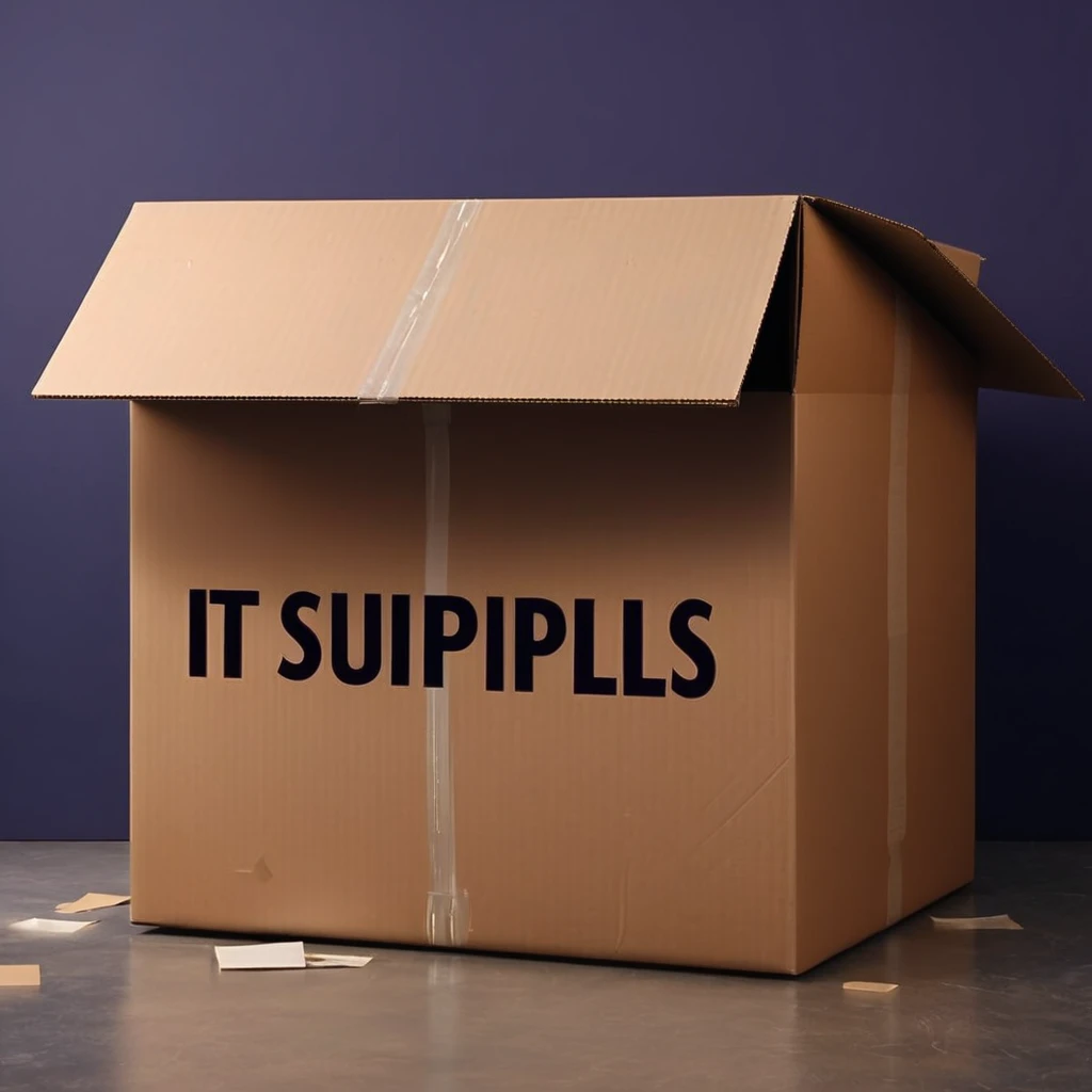 empty beat up damaged cardboard box that says "IT Supplies". Dark office environment