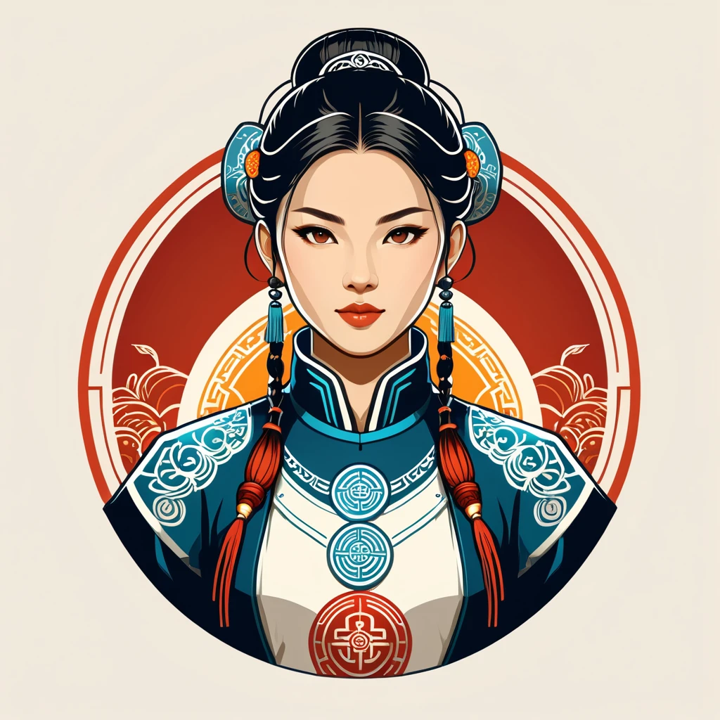 female netrunner in cinese folk outfit, vector graphics, strong contours, logo design

