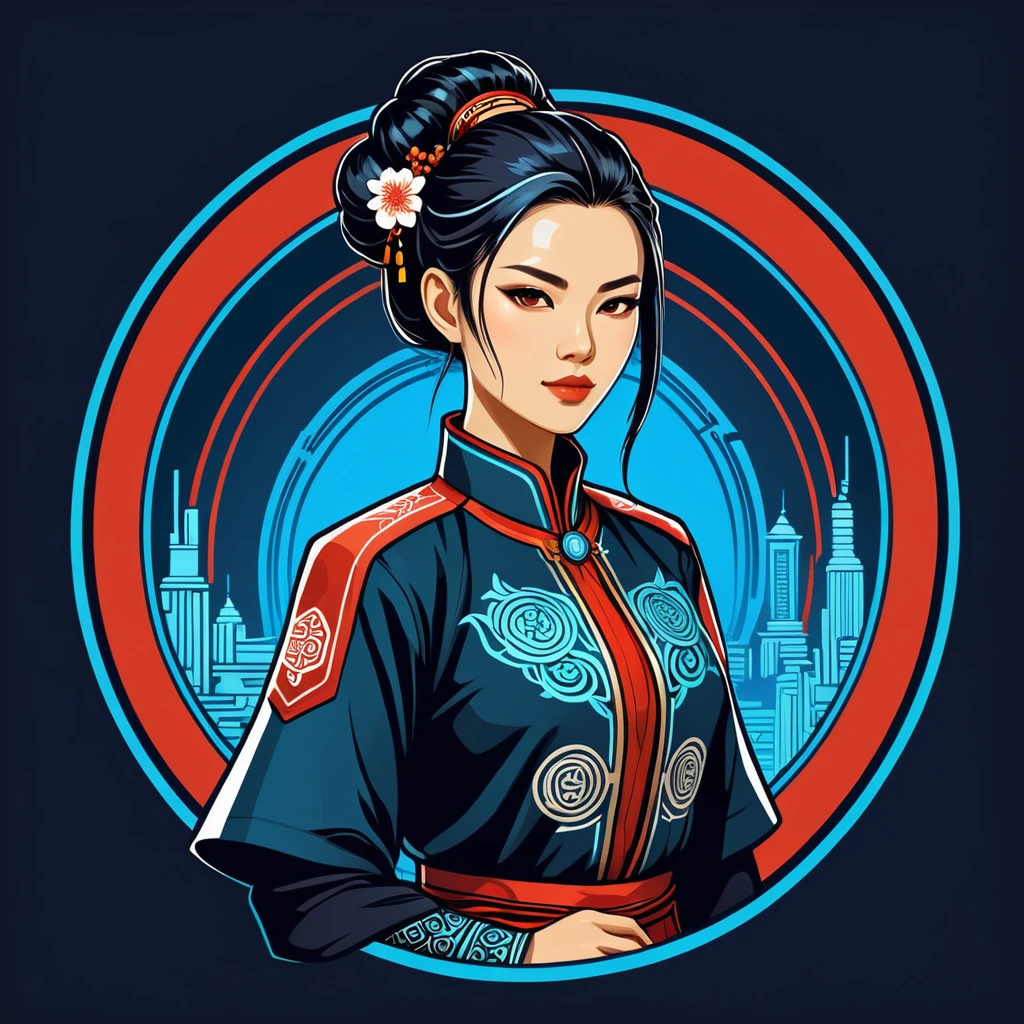 female netrunner in cinese folk outfit, vector graphics, strong contours, logo design
