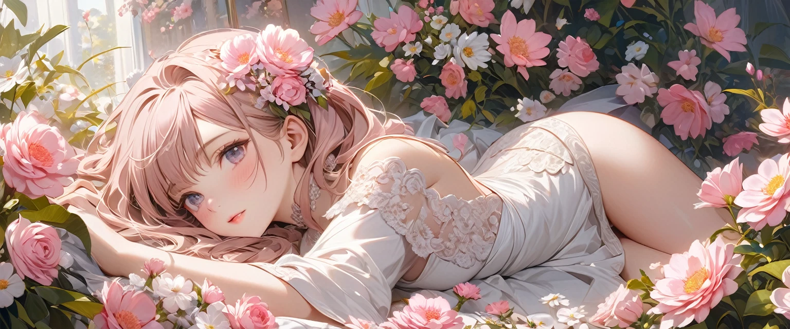 Charming girl lying among flowers extremely delicate texture clear detailed accurate perfect anatomy beautiful detailed elegant lighter color depiction fine(淺light pink flower)light pink flower(Lay flat)Flowers are smaller and super detailed art,Amazing painting art,
Super high quality works of art masters, masterpiece, , Super detailed, best quality.Detailed and exquisite real photos