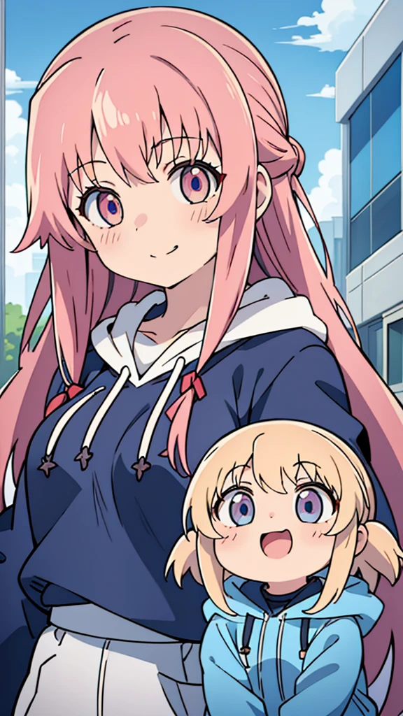 masterpiece、Very detailed、(One Girl:1.2)、、hoodie、Big eyes、Close-up、Laughter、(((Anime Style)))、Shining Eyes、Open your mouth、smug face、front、whole body