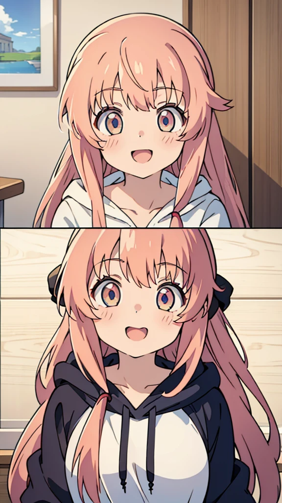 masterpiece、Very detailed、(One Girl:1.2)、、hoodie、Big eyes、Close-up、Laughter、(((Anime Style)))、Shining Eyes、Open your mouth、smug face、front、whole body
