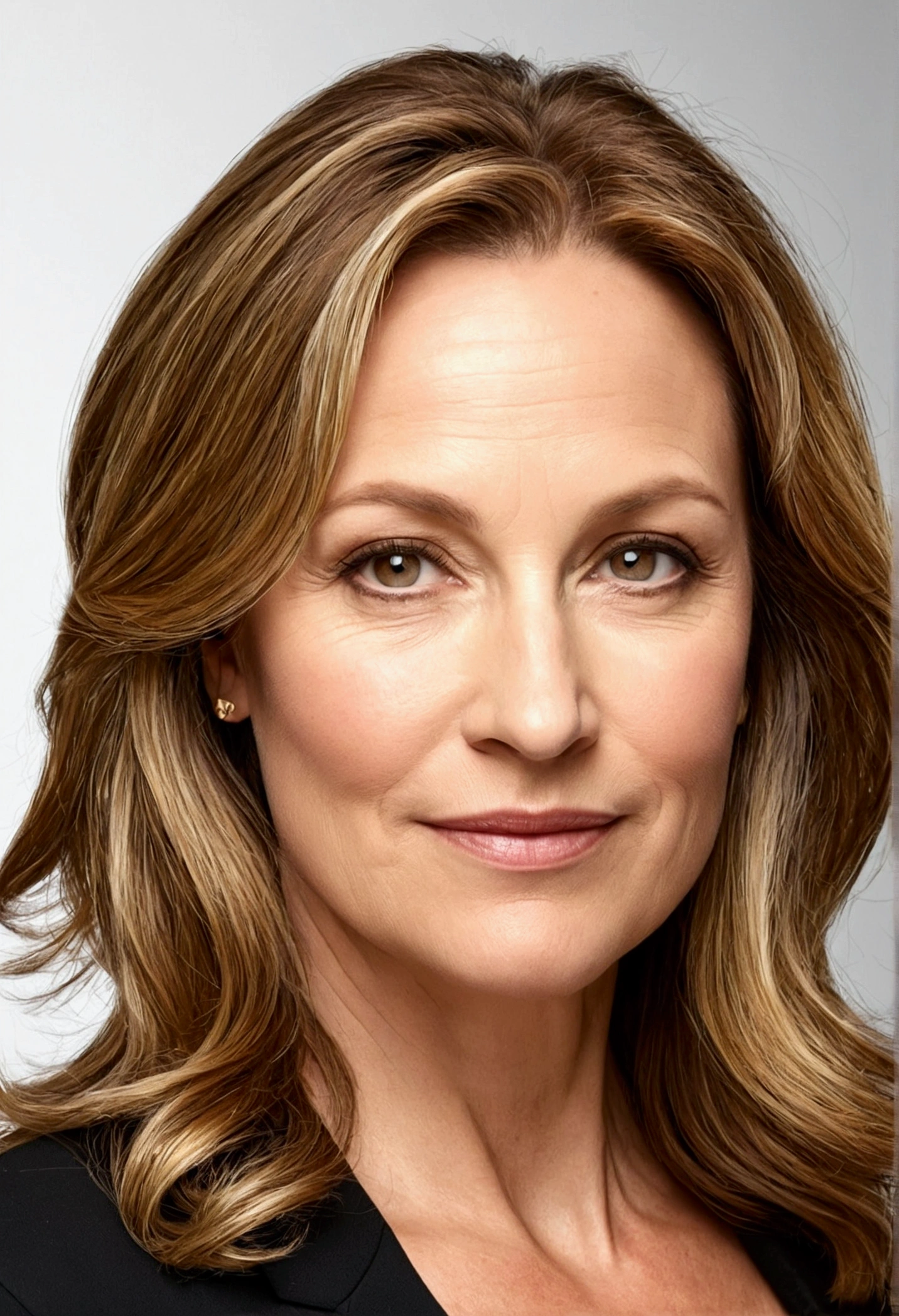 40 year old white woman, Light brown hair with golden highlights, slightly wavy at shoulder length, big forehead, eyes browns, Medium height, wide hip, chubby.