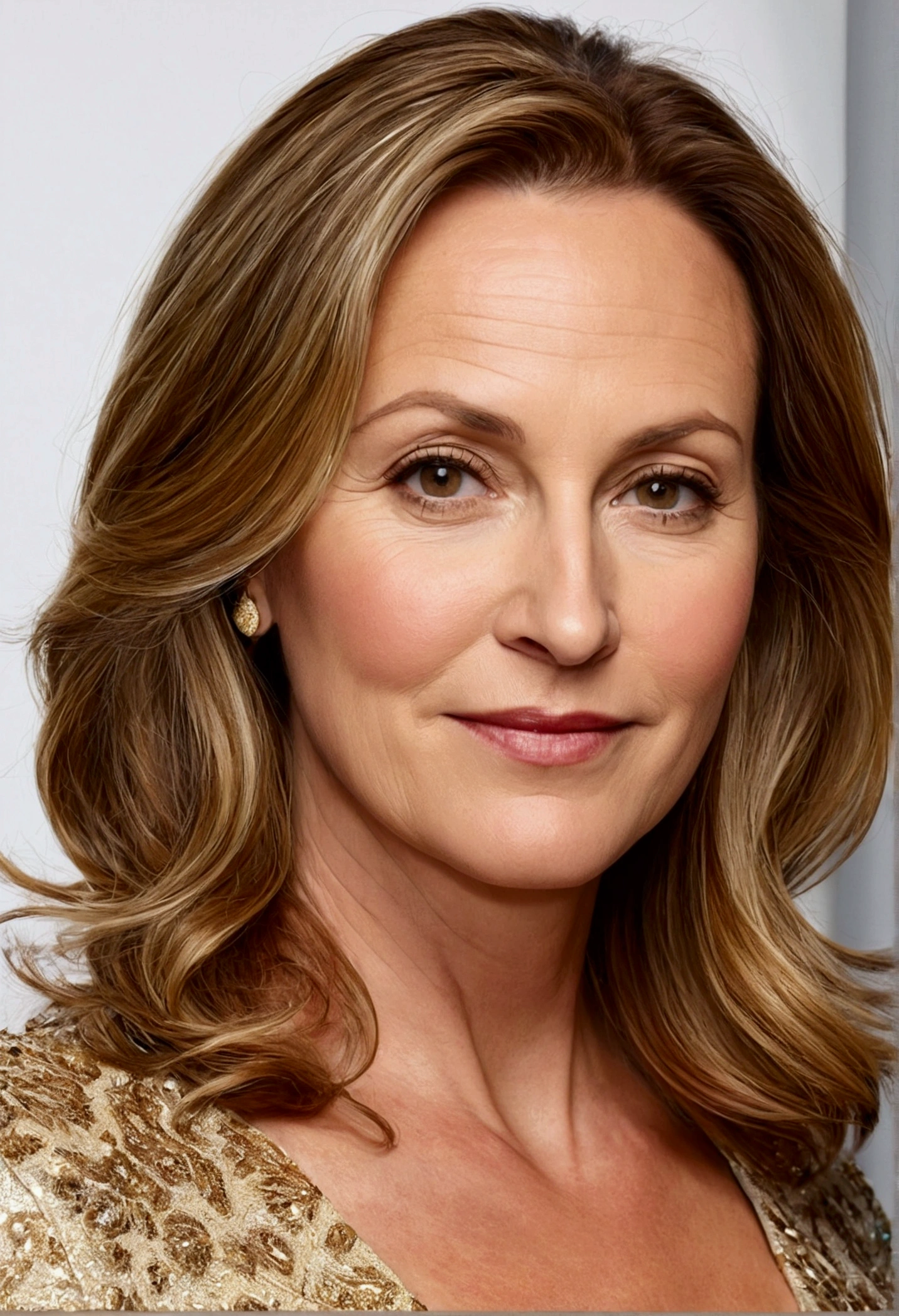 40 year old white woman, Light brown hair with golden highlights, slightly wavy at shoulder length, big forehead, eyes browns, Medium height, wide hip, chubby.
