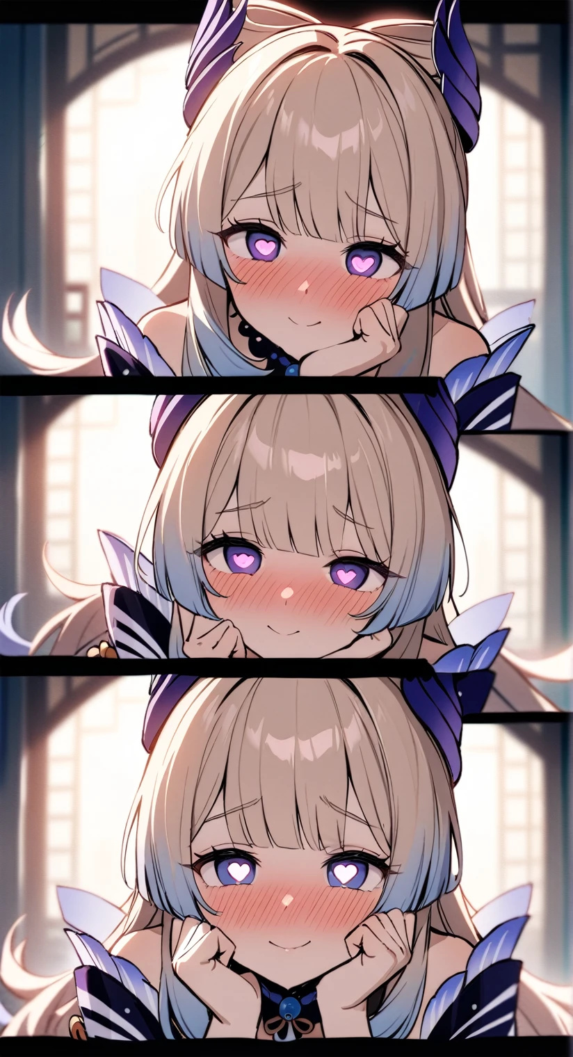 cinematic lighting, best quality, masterpiece, highres, detailed, perfect anatomy, kokomi \(genshin impact\), purple ribbon, long hair, heart shaped pupils, yandere smile, hand on cheeks, yandere pose, blushing, extremely blush