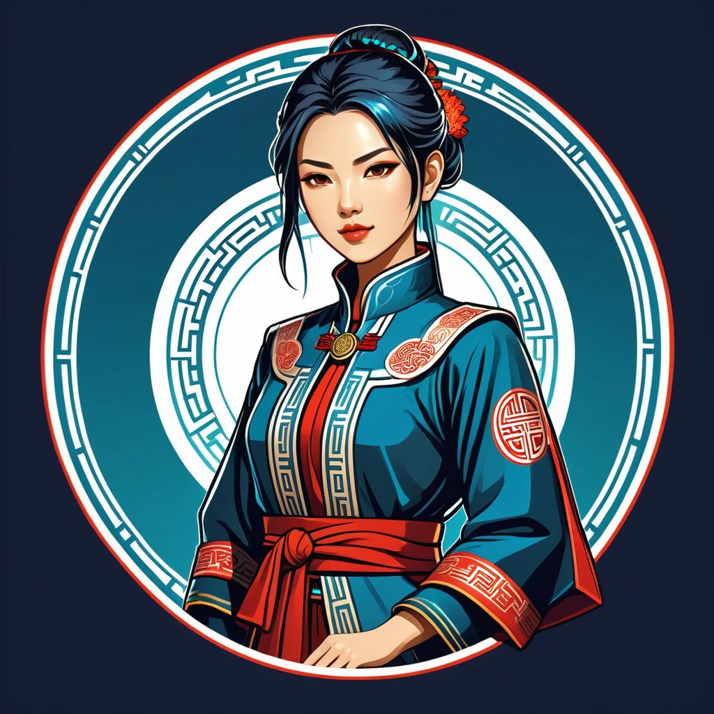 female netrunner in chinese folk outfit, vector graphics, strong contours, logo design