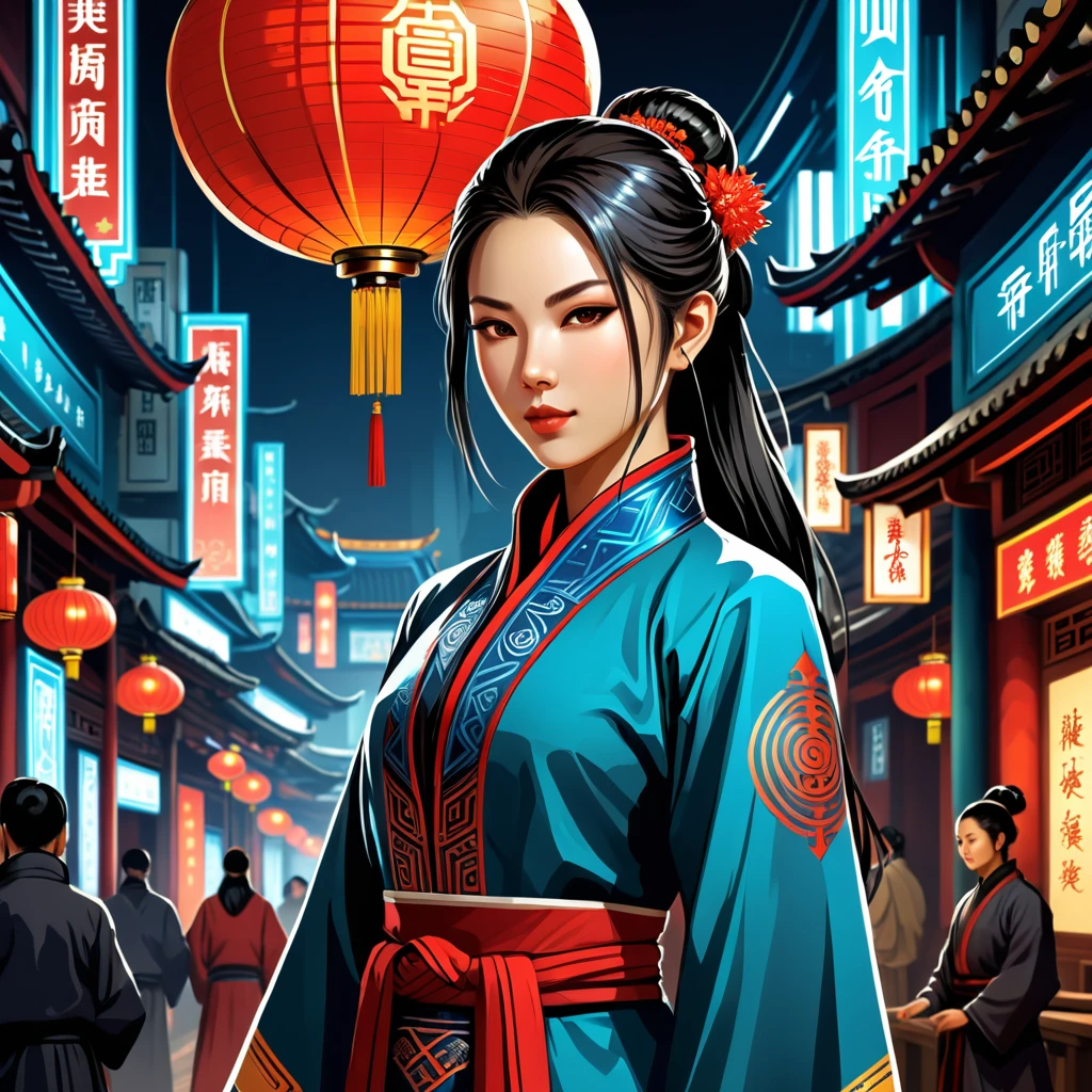 female netrunner in chinese folk outfit, vector graphics, strong contours, logo design

