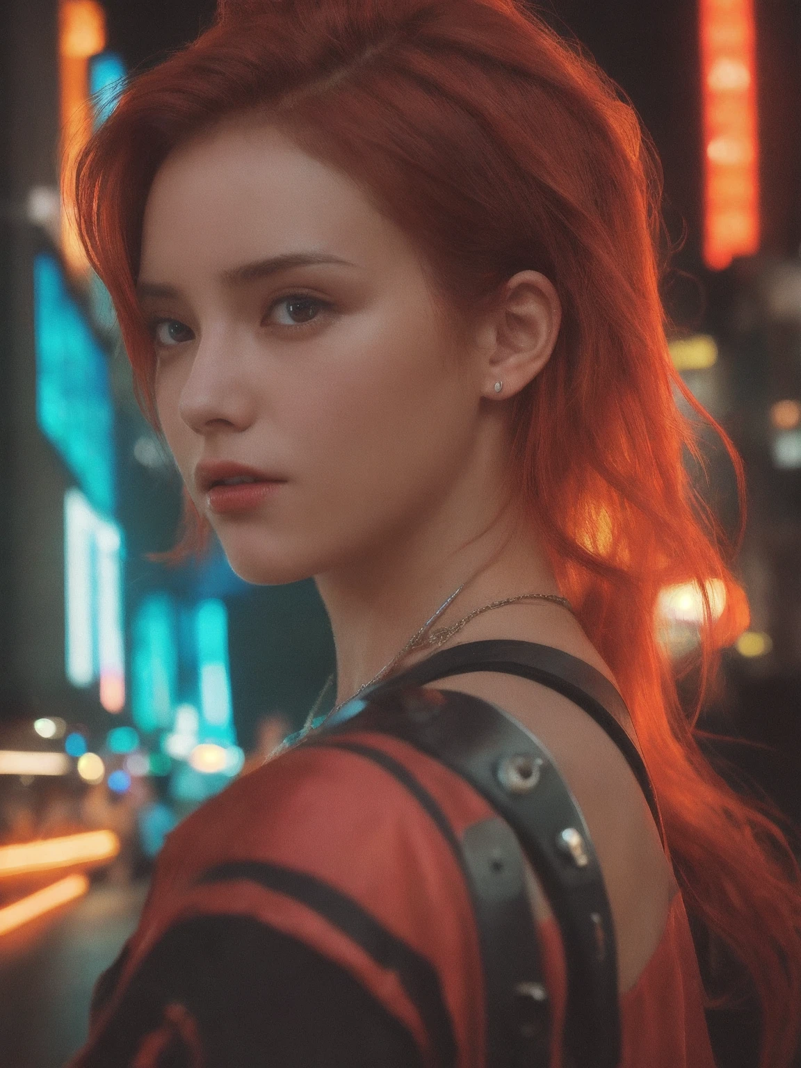 cinematic film, Realistic photograph,
Best quality, Raw photo, face portrait, a young cyborg woman with fiery red hair. Her face fills the frame, bathed in neon hues, exuding determination and mystery amidst a futuristic backdrop, Fujicolor Pro 400H, L USM
,shallow depth of field, vignette, highly detailed, high budget, bokeh, cinemascope, moody, epic, gorgeous, film grain, grainy,