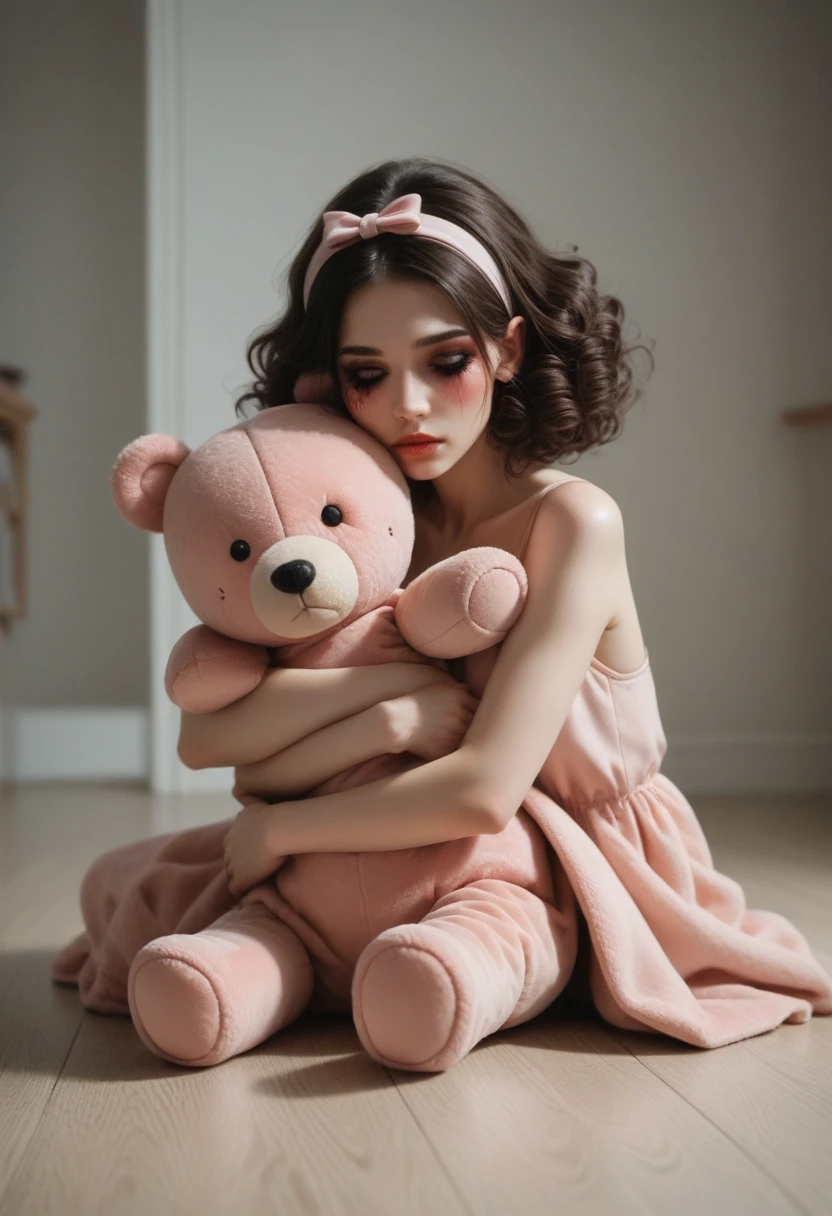 A beautiful young woman sitting shy on the floor, depressed reaction, surrounded by a vast collection of dolls in a room filled with toys. She has long, wavy brown hair styled in oversized curls and a matching headband or bow. Her makeup is flawless, featuring bold lipstick and dramatic eye makeup. She is dressed in a body-hugging teddy bear suit made of soft, fully Latex fabric in a vibrant pink color. The suit has exaggerated, padded sections to create a cuddly and plush appearance, with plain shapes at the arms, legs, and torso. The room is filled with dolls of various sizes, with some propped up against stuffed animals, and others scattered around her. The soft, warm light creates a playful and whimsical atmosphere.