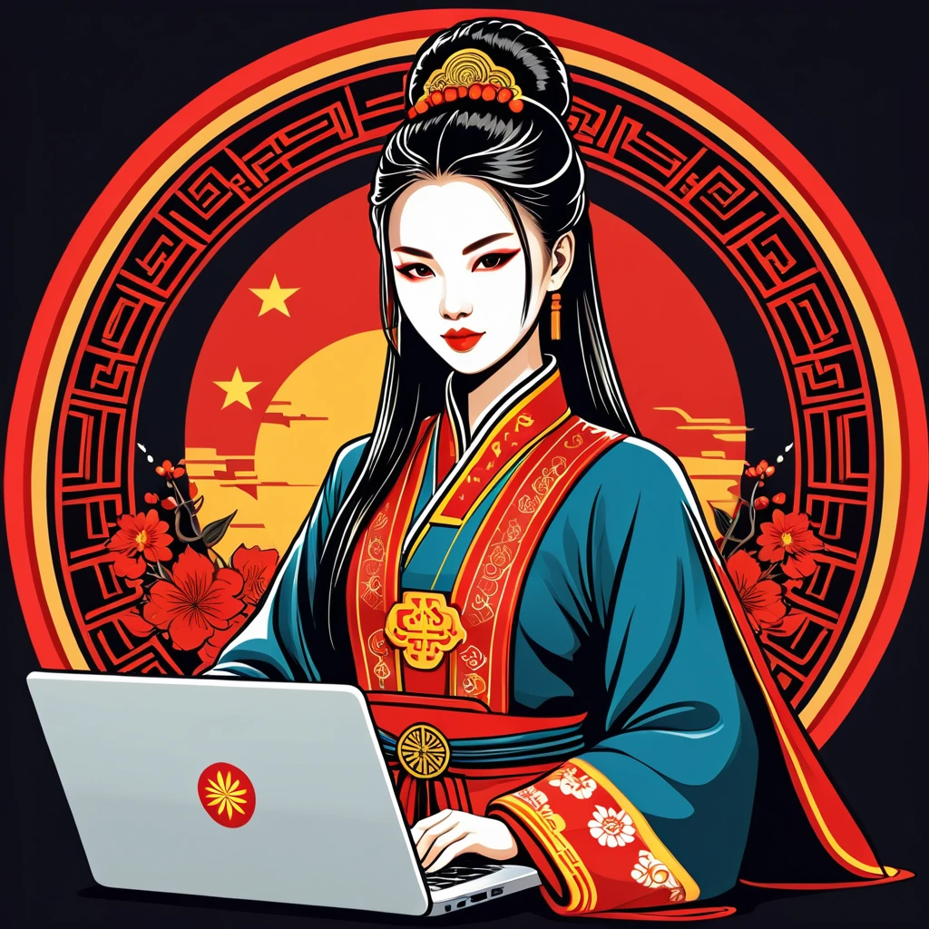 female hacker in chinese folk outfit, vector graphics, strong contours, logo design