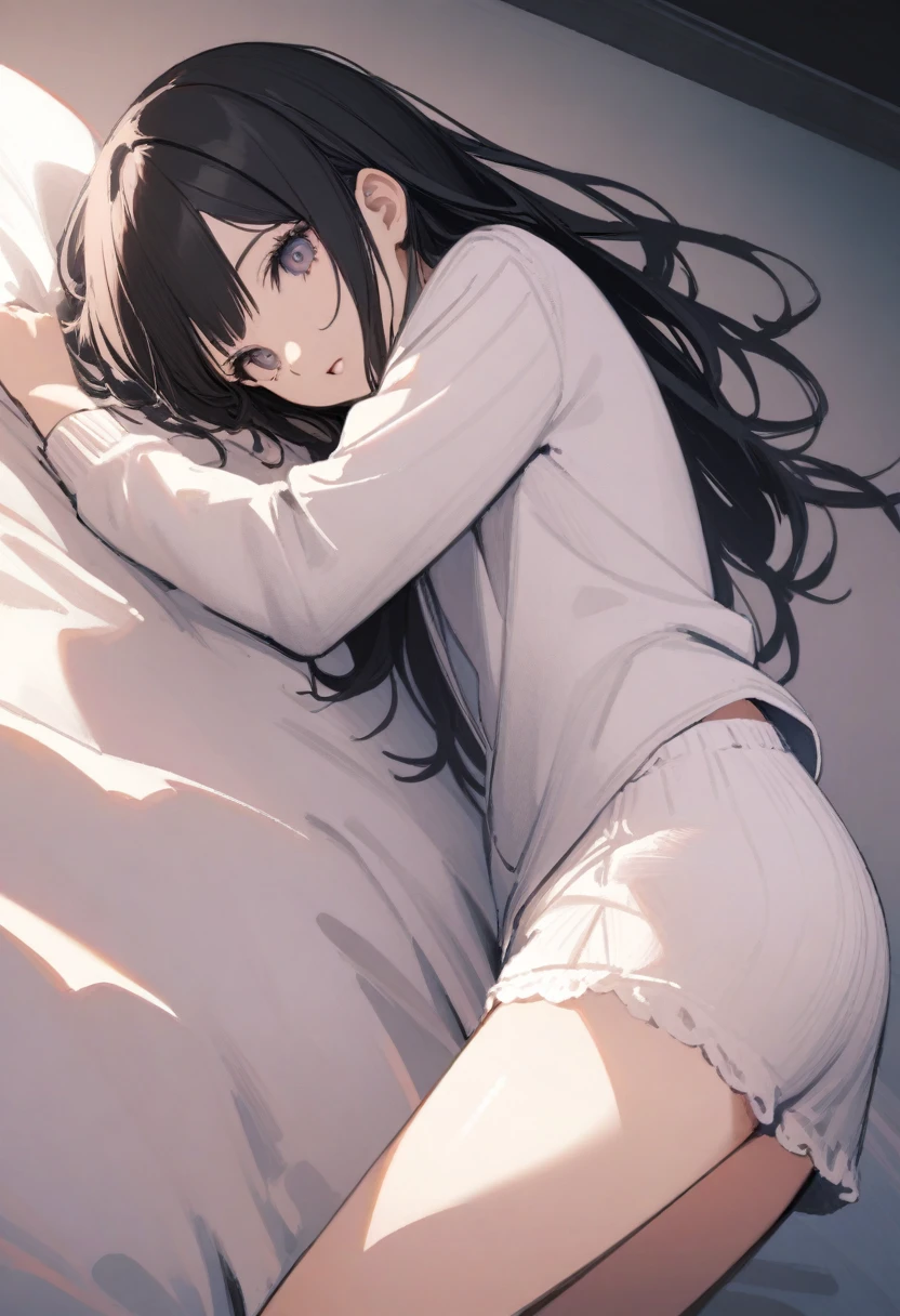 high quality, 最high quality、 Stylish design, (((The cutest girl))), ((Thin legs))、(((最high quality))), High resolution, ((detailed)), ((masterpiece)), ((Super detailed)), 、Black Hair、Inner Color、((Lying on your back in bed)),((Light clothing,underwear)),((Sexual))