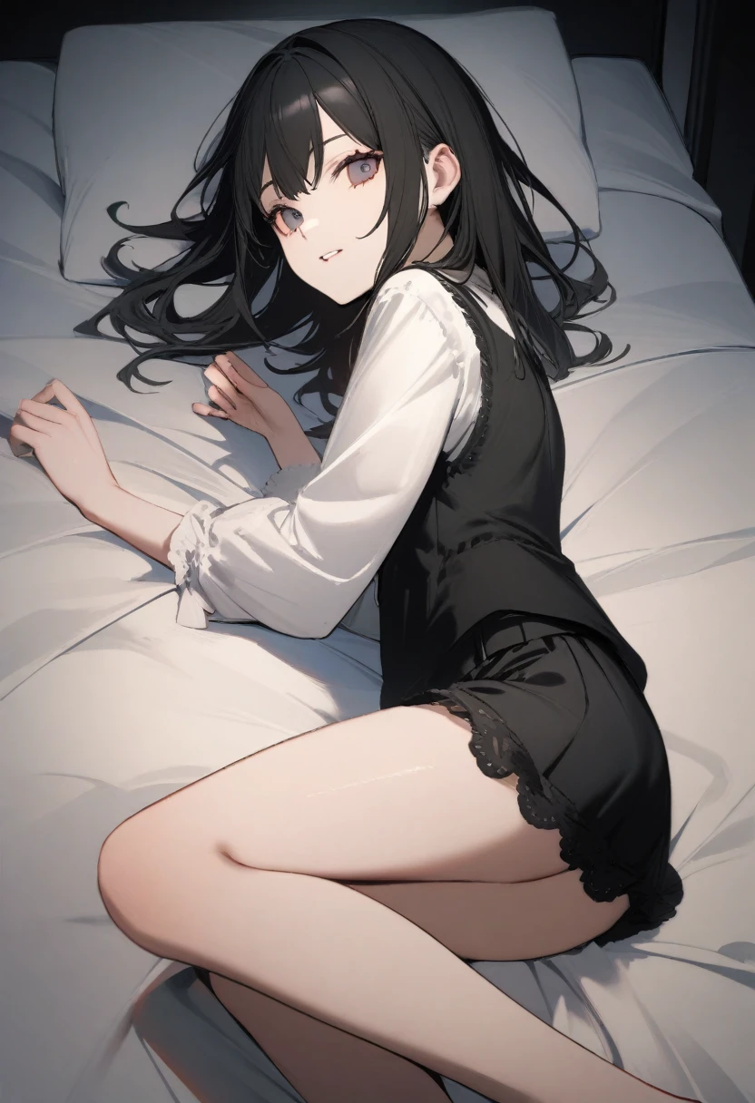 high quality, 最high quality、 Stylish design, (((The cutest girl))), ((Thin legs))、(((最high quality))), High resolution, ((detailed)), ((masterpiece)), ((Super detailed)), -yeld giBlack Hair、Inner Color、((Lying on your back in bed)),((Light clothing,underwear)),((Sexual))