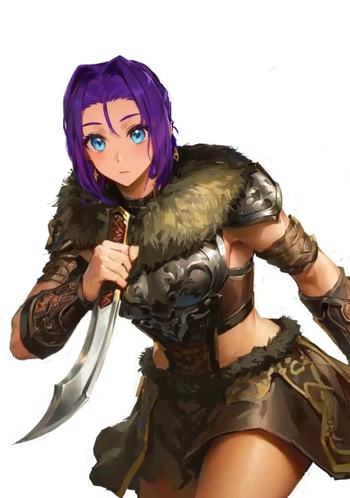 A man in brown clothes、Holding a sword、Purple hair woman, She holds a sword, Natalie in epic battle fantasy, Armor Girl, A very beautiful berserker woman, Wearing dark purple armor, Wearing fur armor, Wearing a shining breastplate, wearing intricate fur armor, female barbarian, Northern adult female warrior, Savage Female Portrait,Blue Eyes,Three Kingdoms,Dynasty Warriors,big ,sex body