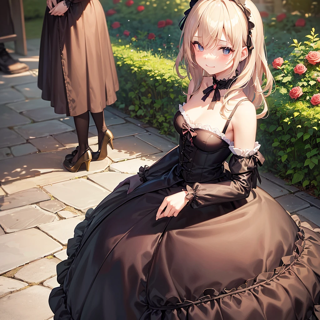 ((Masterpiece)), (Anime: le potrait  cossette), ((best quality)), (RAW photo: 1.2), (Professional Photography:1.2), 8K, from side, wide shot, (12 years old), ((1girl)), Textured skin, cinematic lighting, 1girl, ((Beautiful Gothic Lolita)), cute innocent young girl, ((hair over one eye)), Slender and small breasts, (long silky blond hair), (gothic lolita makeup), beautiful hair, sad smile, delicate eyes, slender figure, caring and charming beauty, (blush), Light particles, ((Lift the skirt with hand)), in beautiful Fantastic garden, (red roses garden),,