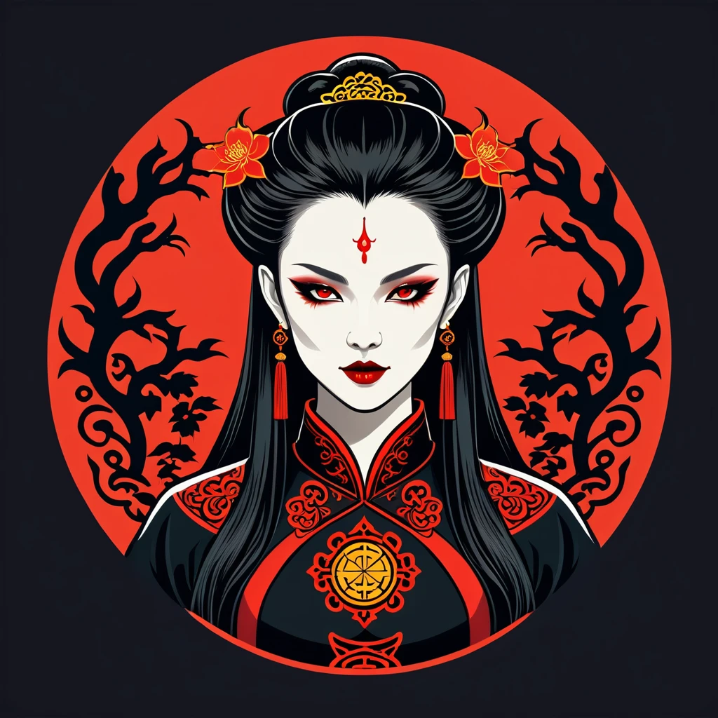 female vampire in chinese folk outfit, vector graphics, strong contours, logo design
