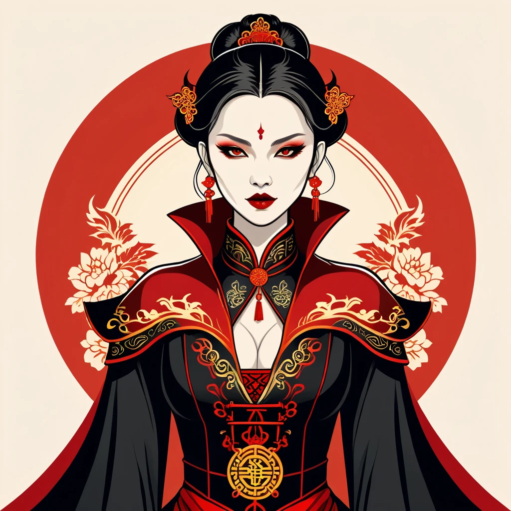 female vampire in chinese folk outfit, vector graphics, strong contours, logo design
