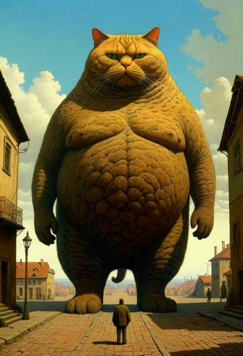 Giant fat Cat, full body, outdoor, by Zdzislaw Beksinski, cinematic still, (best quality, masterpiece), very aesthetic, perfect composition, intricate details, ultra-detailed, vivid colors