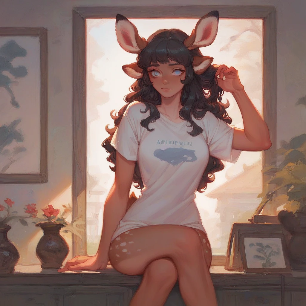 1woman,deer ears,deer tail, short and fluffy, ★;(symbol) on t-shirt ,Black hair,long hair , Light blue eyes, fluffy hair,White T-shirt,Fechin, oil painting, anime/Cartoon style