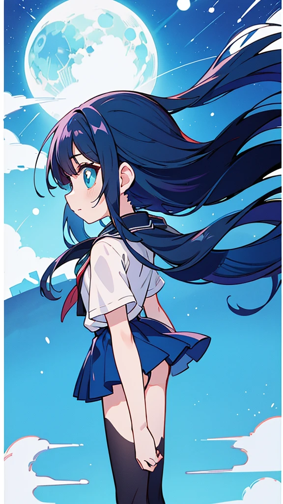 Blue-haired long hair,Design clothing,Seven-doppelganger shot,Anime style 4K,Anime girl with teal hair,High quality anime art style,Standing painting,Splash ink background,Blue Themes、Pure white background,Buildings,Face close-up,Buildings,Moon and sun、Shining Star々,milky way,Bright Sky,Looking at me,Facing forward,Clear eyes and nose,cute,beautiful,Thin legs,Black Hair,profile