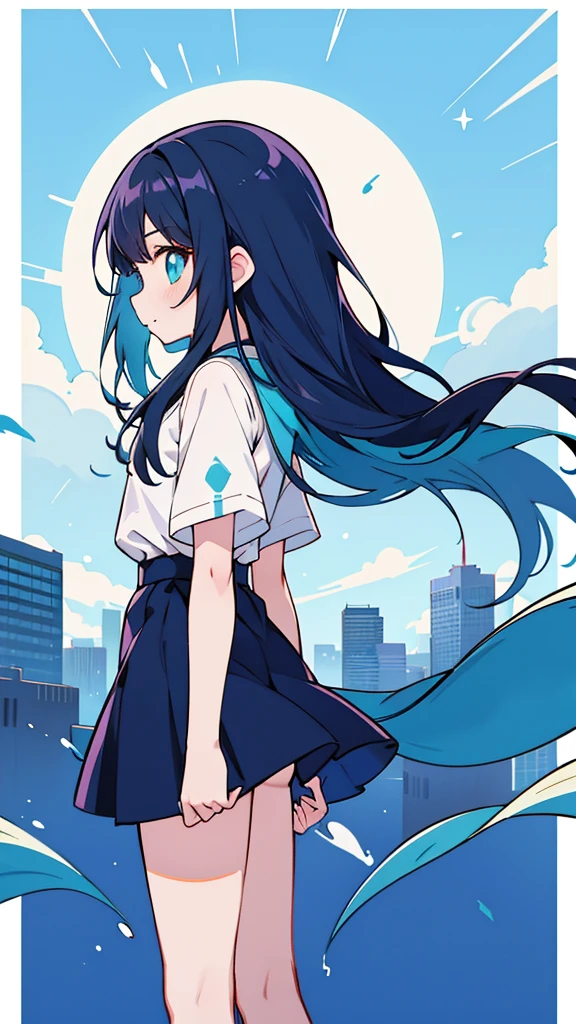 Blue-haired long hair,Design clothing,Seven-doppelganger shot,Anime style 4K,Anime girl with teal hair,High quality anime art style,Standing painting,Splash ink background,Blue Themes、Pure white background,Buildings,Face close-up,Buildings,Moon and sun、Shining Star々,milky way,Bright Sky,Looking at me,Facing forward,Clear eyes and nose,cute,beautiful,Thin legs,Black Hair,profile