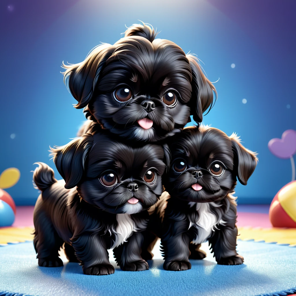 2 Adorable small black Shih Tzu puppies wrestling Disney background 3d cartoon 3d render disney pixar styleundefined, undefined, undefined, undefined, 