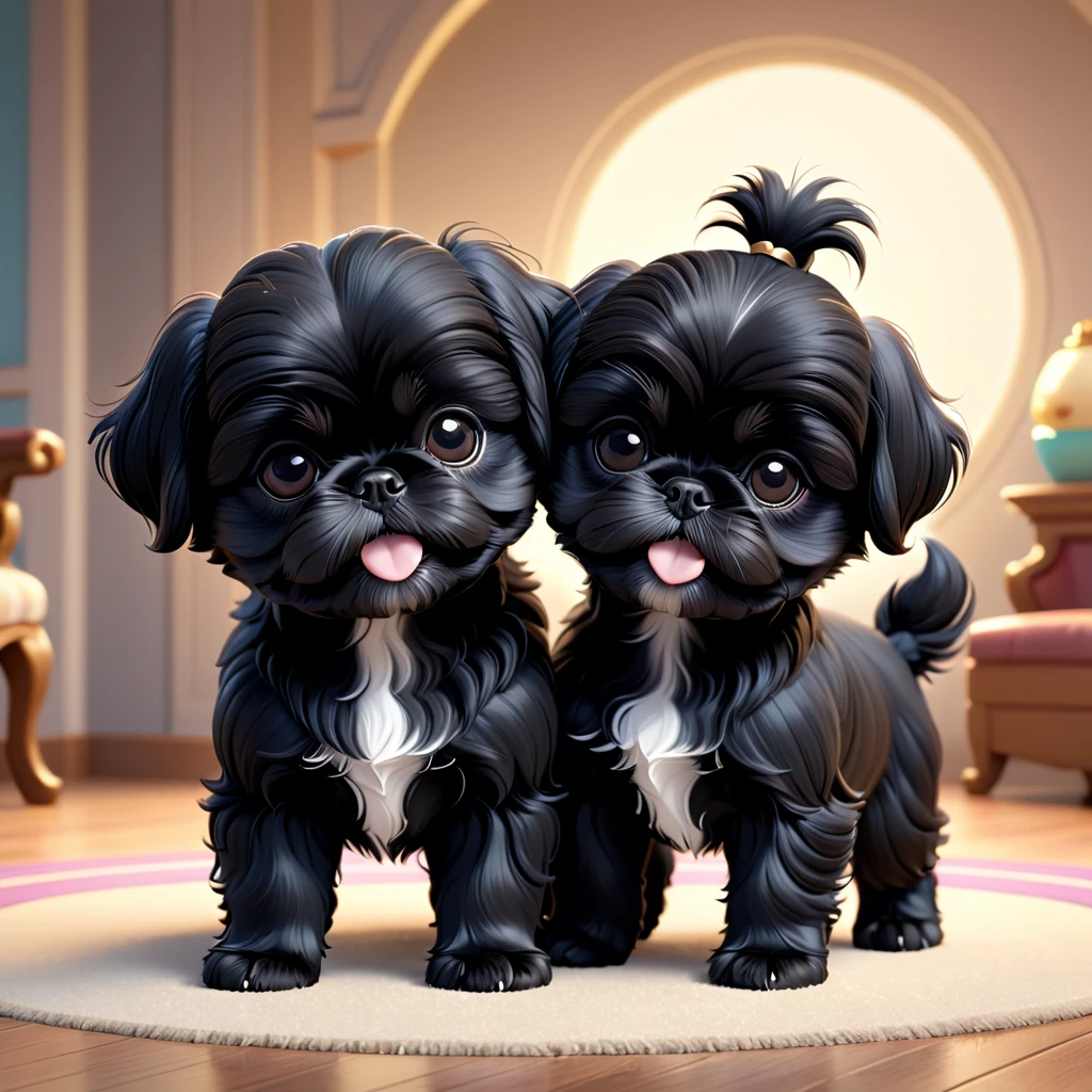 2 Adorable small black Shih Tzu puppies wrestling Disney background 3d cartoon 3d render disney pixar styleundefined, undefined, undefined, undefined, 