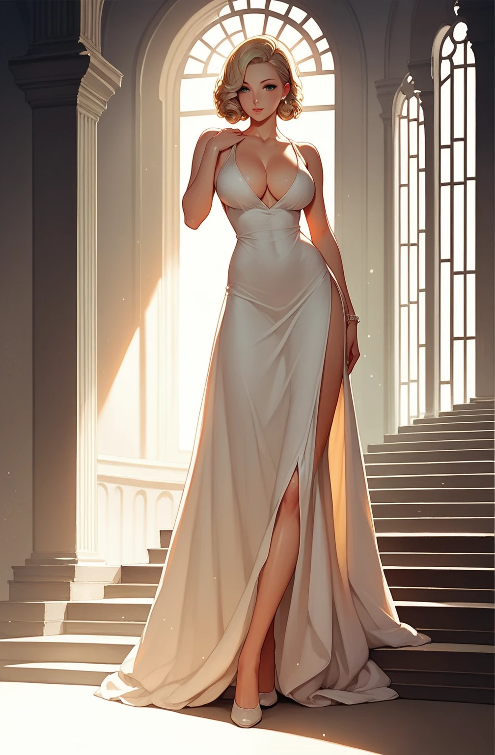 Masterpiece, best quality, anime style, 1girl, beautiful waifu, long tight dress, deep cut dress, standing in a opera, curly blonde hair, busty, long legs, cleavage, spotlight, stairs in the background