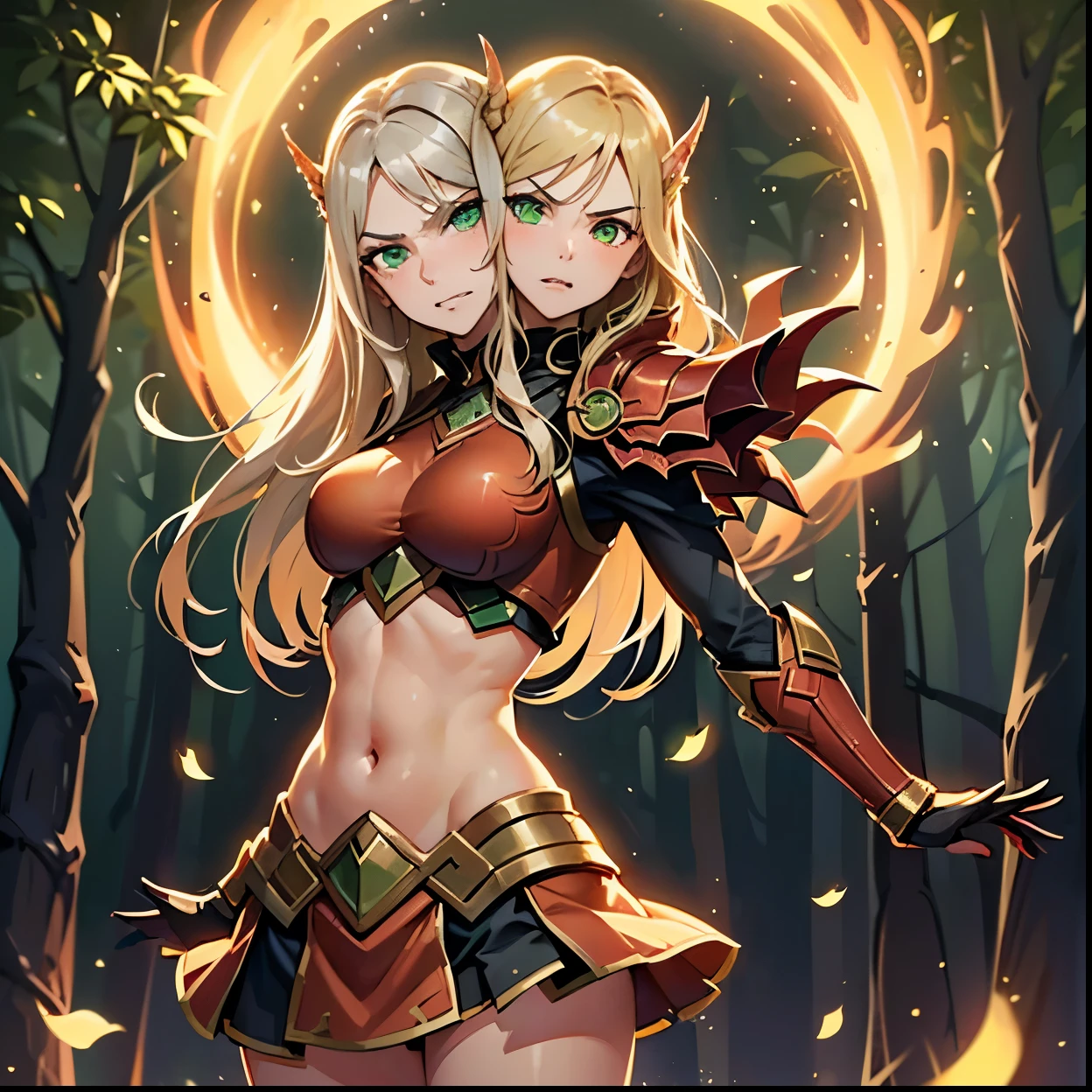 (1girl, long hair, spiral eyes, angry ,clenched teeth) (digital) (Upper Body) (Looking at viewer) (standing), (Light Orange Sparkling Forest background), (short skirt)) , best quality, blonde hair, green eyes, glowing, armor, red armor, gold trim, Abdomen, navel, bloodelf, two heads, conjoined_dicephalus, 