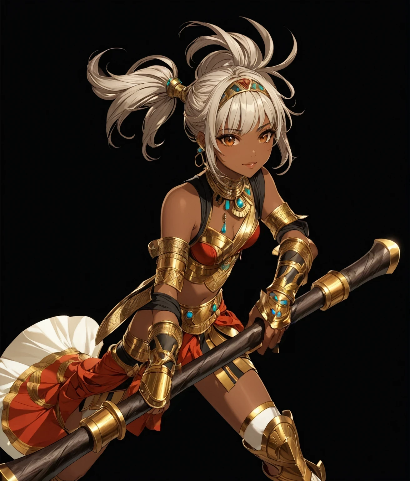 masterpiece, best quality, good quality, Fantasy Aesthetic, Highly detailed, shadowverse style, teen, girl, black hair, dark skin, Egyptian aesthetic, wielding axe, fix hands
