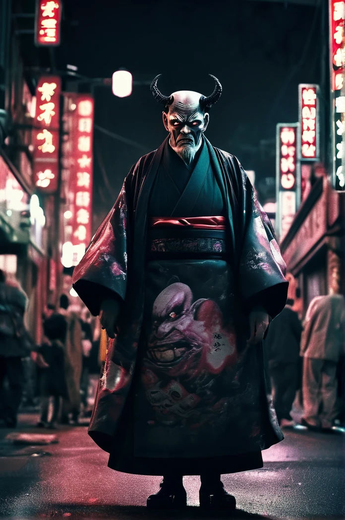 Steampunk night city、There are a lot of demons in the background、Full Body Shot、Horror-themed movie stills,、Calm, big-headed old man, Head enlargement(Head size 1:9)、(Full body portrait:1.3), Nurarihyon、I'm wearing a kimono, Shallow depth of field, Vignette, Very detailed, High budget, Bokeh, CinemaScope, Sulky, amazing, nice, Film Grain, granular . Creepy, Anxious, dark, Creepyな, Suspenseful, strict, Very detailed