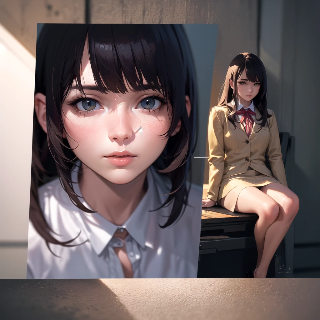 1girl, detailed portrait of takina inoue, full body view, zoom layer, holding rifle, one knee, white long hair with bangs, amber eyes, lycoris uniform, collared shirt, white dress, ribbon, (best quality,4k,8k,highres,masterpiece:1.2),ultra-detailed,(realistic,photorealistic,photo-realistic:1.37),cinematic lighting,dramatic composition,highly detailed, intricate details,award winning photography