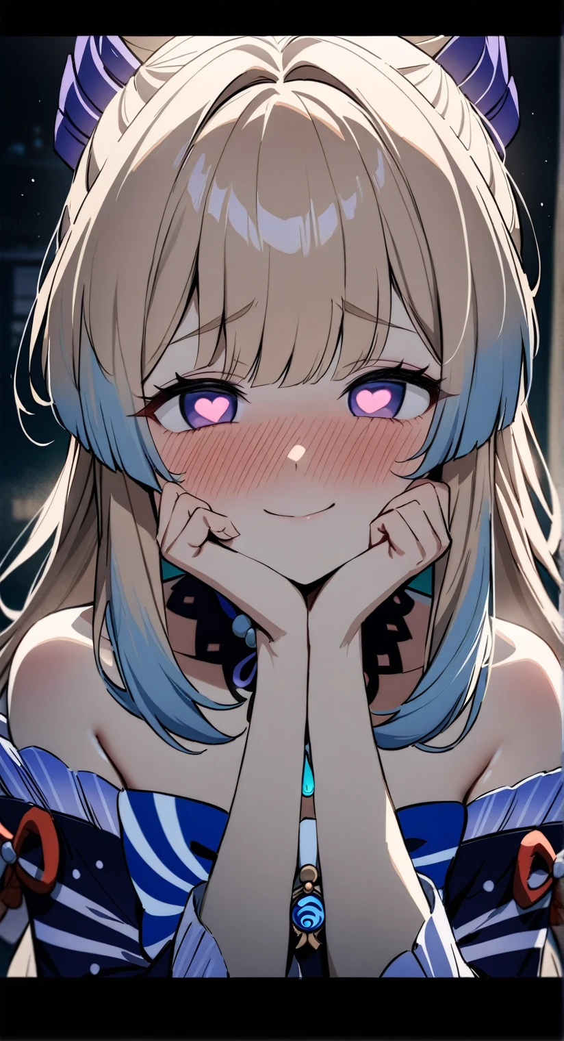 cinematic lighting, best quality,solo, masterpiece, highres, detailed, perfect anatomy, kokomi \(genshin impact\), purple ribbon, long hair, heart shaped pupils, yandere smile, hand on cheeks, yandere pose, blushing, extremely blush
